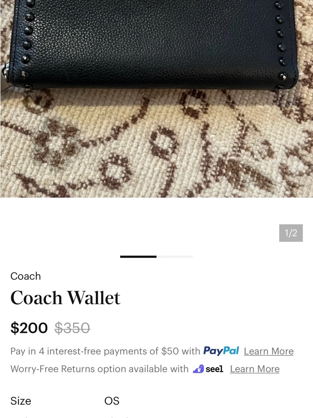 Coach Black Pebbled Leather Zip-Around Wallet with Stud Trim